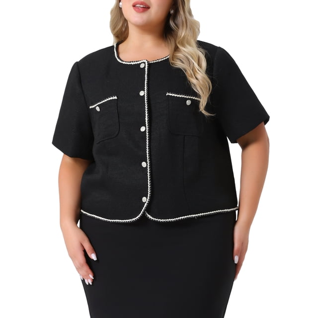 Chaqueta de tweed de mujer de talla grande GRACE & GRANDEUR, con botones, manga corta, blazer casual de corte corto con bolsillo 4X negro