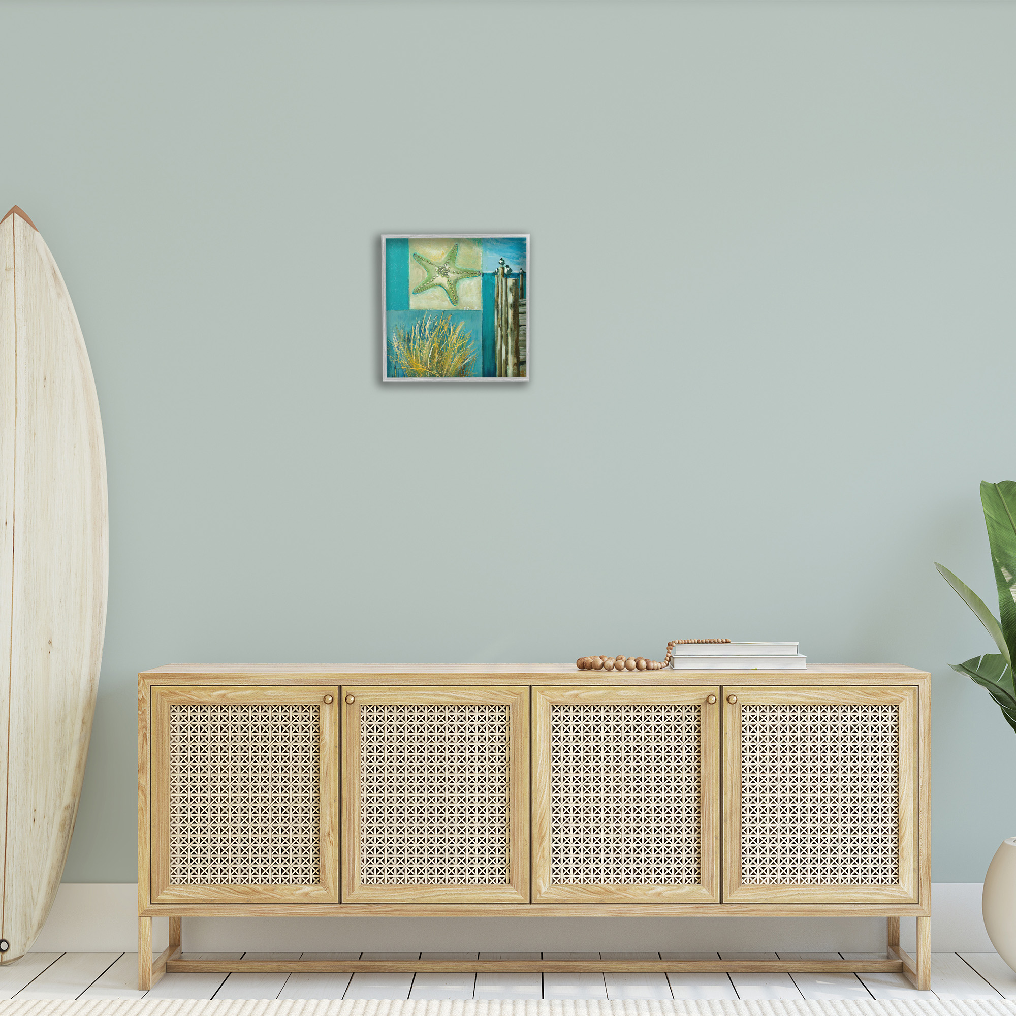 Stupell Industries Modern Beach Dock Collage Landscape Painting Gray Framed Art Print Wall Art, 17 x 17