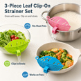 thumbnail image 6 of ABCISI 3Pcs Clip-On Strainer Set, Food-Grade Plastic Leaf-Shaped Colander for Pasta, Noodles, Rice, Vegetables and Fruit, Fits Most Pots, Bowls and Pans, 5.7x4 Inches, 3 Colors, 6 of 7