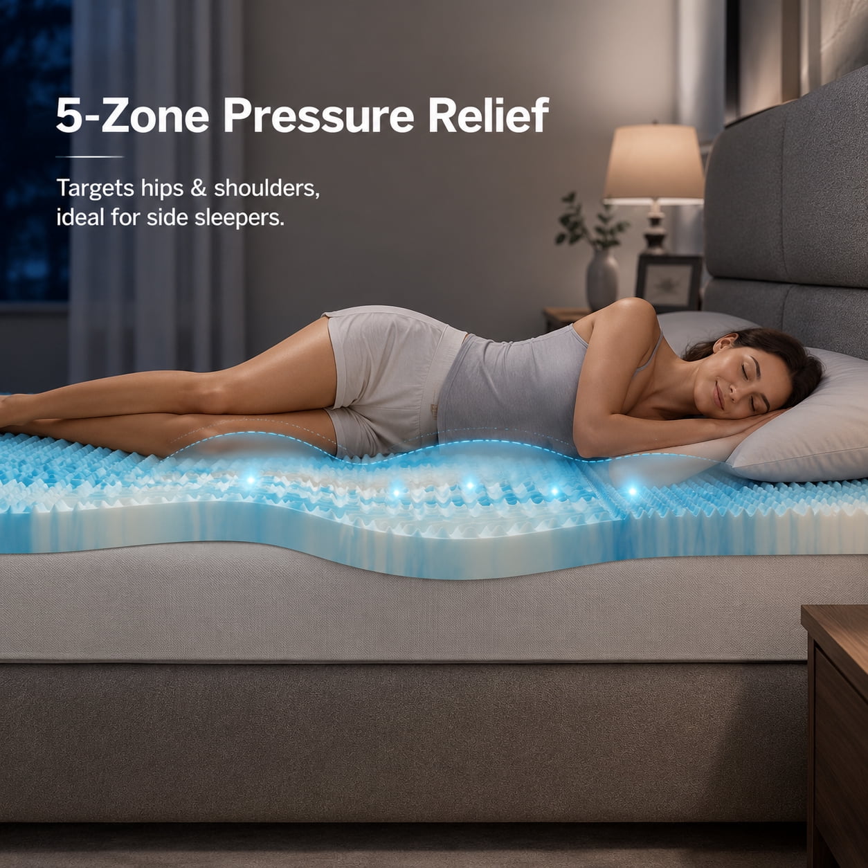 Alvantor 2/3/4 Inch 5-Zone Cooling Gel Memory Foam Mattress Topper, Pressure Relief for Back & Hip Pain, Soft Reversible Pad for Dorm RV Camping