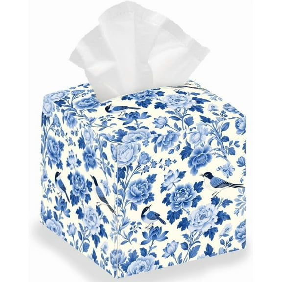 Blue Flowers and Birds Tissue Storage Box Square Foldable Tissue Box Holder Waterproof Leather Paper Towel Case Cover Container Organizer for Bedroom Office Car 13 * 13 * 13cm colorful
