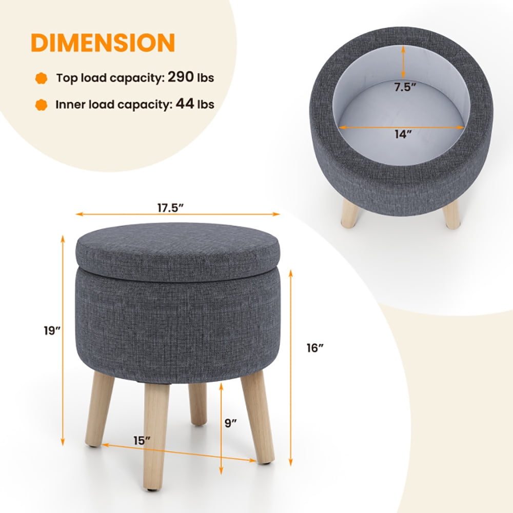 Finihen Storage Ottoman Foot Stool, Vanity Stool with Storage, Round Storage Ottoman with Rubber Wood Legs and Adjustable Foot Pads, for Makeup Room, Living Room, Bedroom, Gray