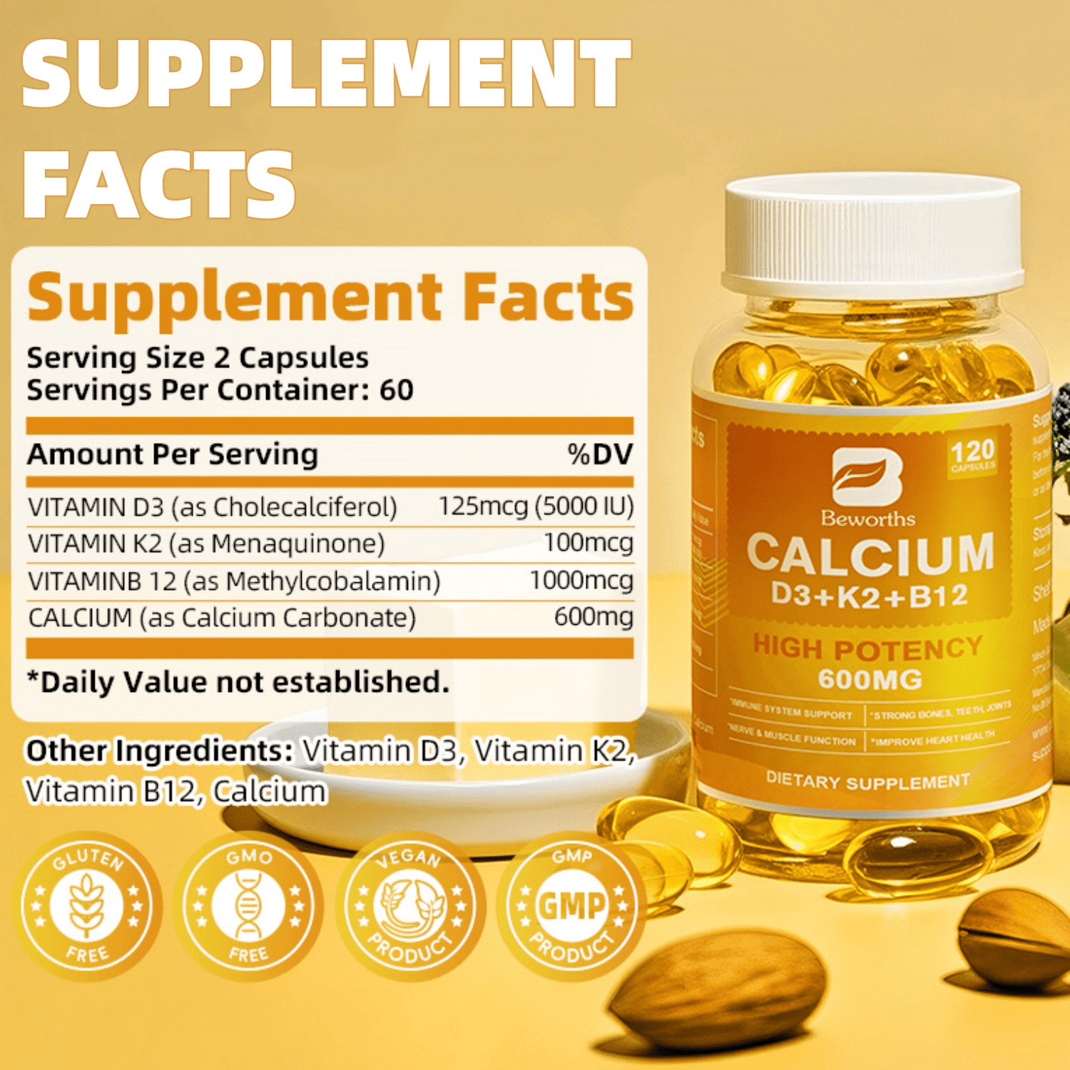 Beworths 4-in-1 Calcium 600Mg with Vitamin D3 K2 B12 Capsules for Bone Strength, Heart Health & Immune Support, 120 Capsules for Men and Women