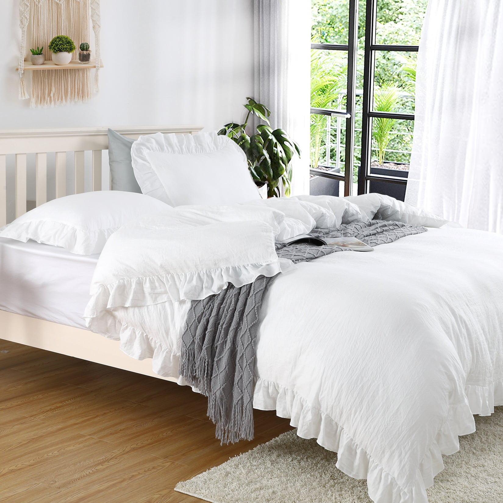 Haperlare 3 Pcs Queen Size White Ruffle Duvet Cover Set Soft Washed Microfiber Vintage French Country Duvet Cover Set