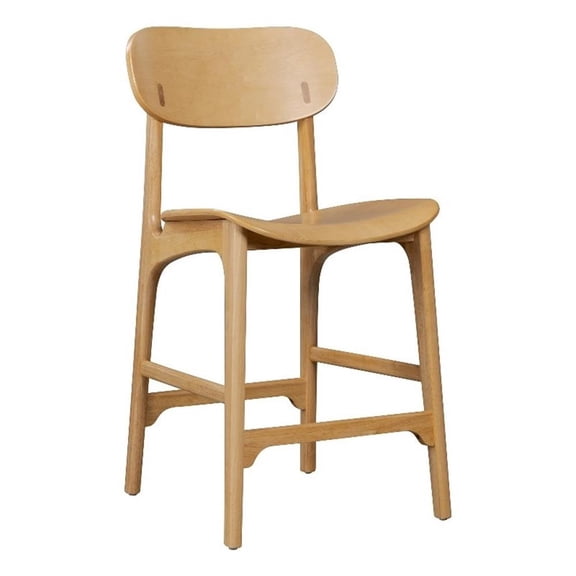 Benjara Seln 24" Counter Stool Chair- Curved Seat- Open Back- Light Brown Wood