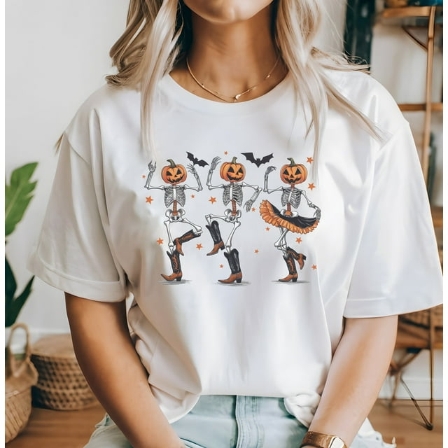 T-Shirt Squelette Dansant Citrouille T-Shirt Squelette Western Rétro Halloween T-Shirt Cowboy - comme sur L'Image - L