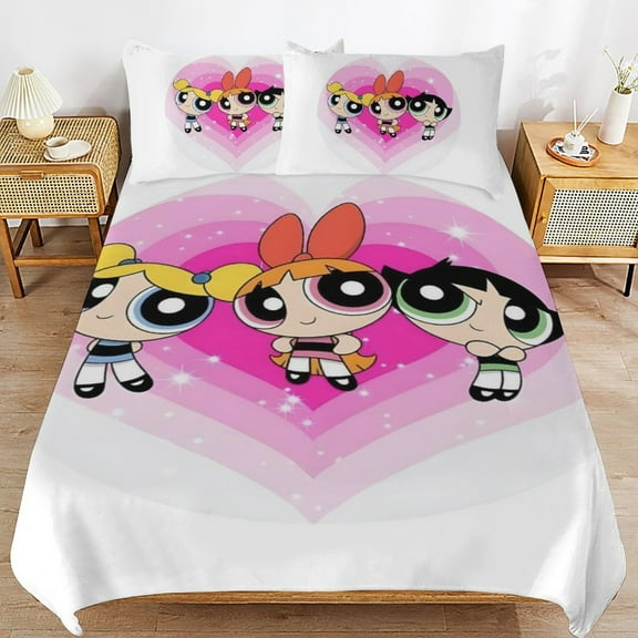 The Powerpuff Girls 3 Pieces Bedding Set 3D Printed Lightweight Bed Quilt Set Comforter Cover Set for Girls Kids Teens, 1 Quilt Cover 2 Pillowcases 86"x70"