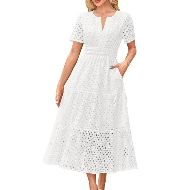 UPPADA Robes Boho d'Été pour Femmes 2025 Élégantes Décontractées Mariage à Manches Courtes Robes Soleil Formelles Cocktail Fluides Robes de Vacances Robe, Robe de Vacances d'Été pour Femmes Blanc, TP