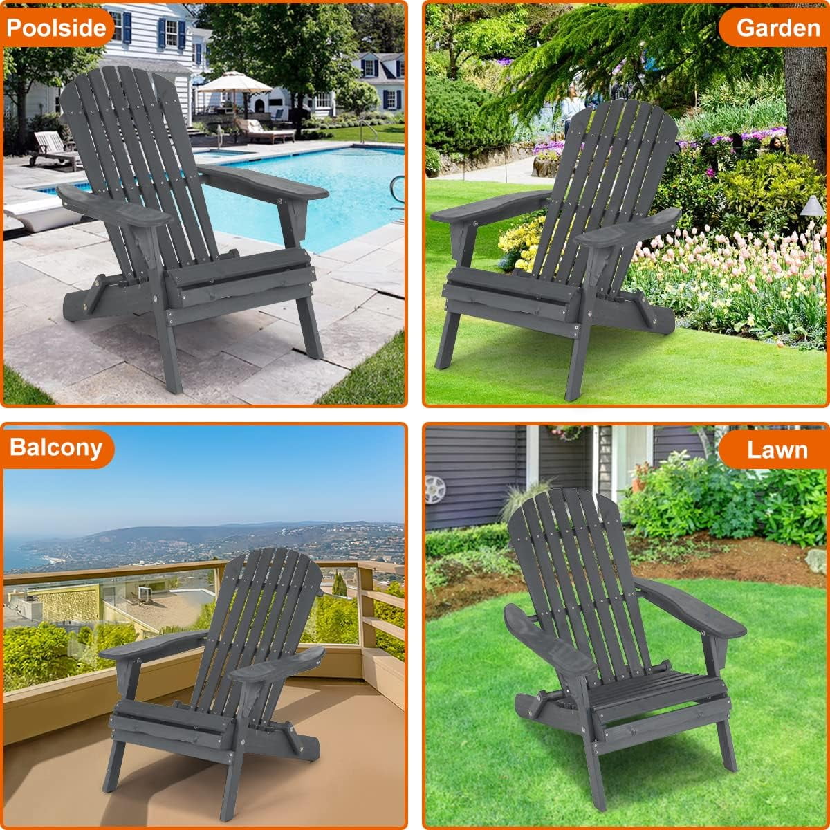 Dkelincs Folding Adirondack Chair Set of 2 Weather Resistant Patio Lawn Chair Wooden Outdoor Chairs for Garden Backyard, Grey