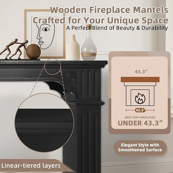 EPICOZY 43.3" Fireplace Mantel, Freestanding Fireplace Surround with Leg for Electric Fireplaces, MDF Mantel Surround with Shelf for Living Room with Decorative Pattern, Anti-Tipping & Waterproof