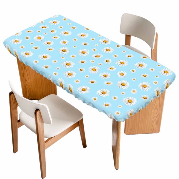 Spring Floral Daisy Table Cloths for 5 Foot Rectangle Tables, Blue Elegant Pastoral Flowers Watercolor Patio Waterproof Elastic Fitted Tablecloths, Washable Rectangular Table Cover for Camping