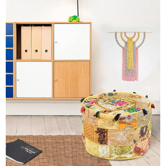 Avgari Creation Yellow Indian Pouf Footstool With Embroidery Pouf, Indian Cotton, Pouf, Ottoman Pouf Cover Ethnic Decor Art 22x14x22 Inch