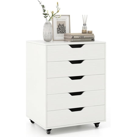 LOKO 5-Drawer Storage Cabinet Versatile Storage Drawer of Chest with Lockable Wheels Mobile Office Lateral File Cabinet Under Desk Modern Dresser for Home Office Study Room (White)