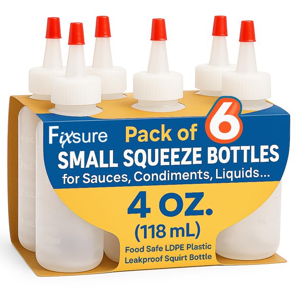 Botellas exprimibles FIXSURE de 118 ml con tapa roja a prueba de fugas
