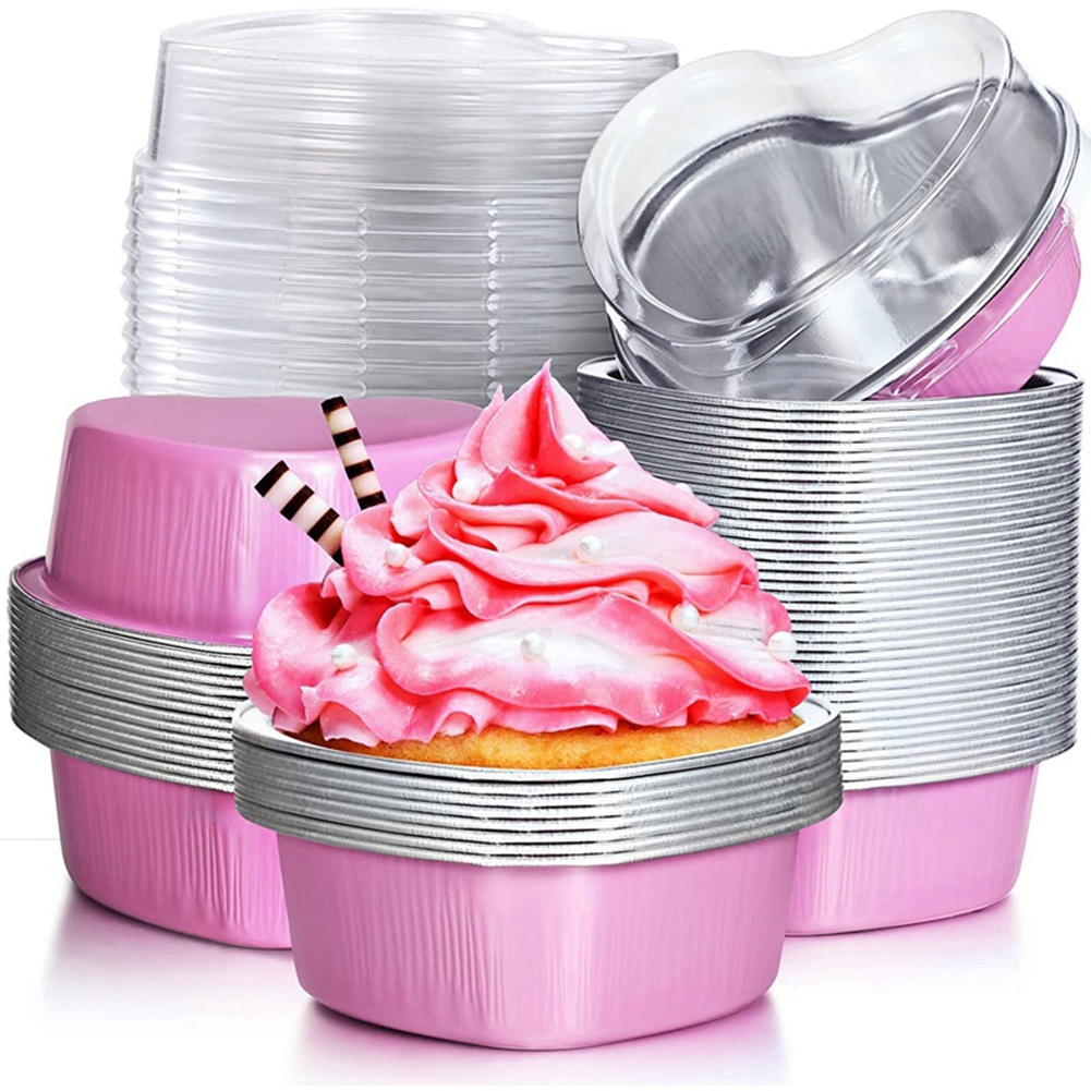 RONSHIN 50 Pcs 55ml Tin Foil Aluminum Foil Pudding Cup With Lid Heartshaped Disposable Mini