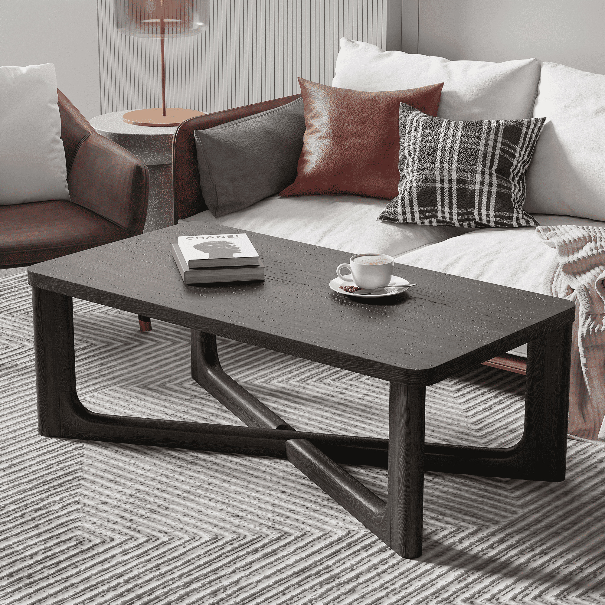 MAYEERTY 55” Rectangular Wood Coffee Table with Storage for Living Room, Black