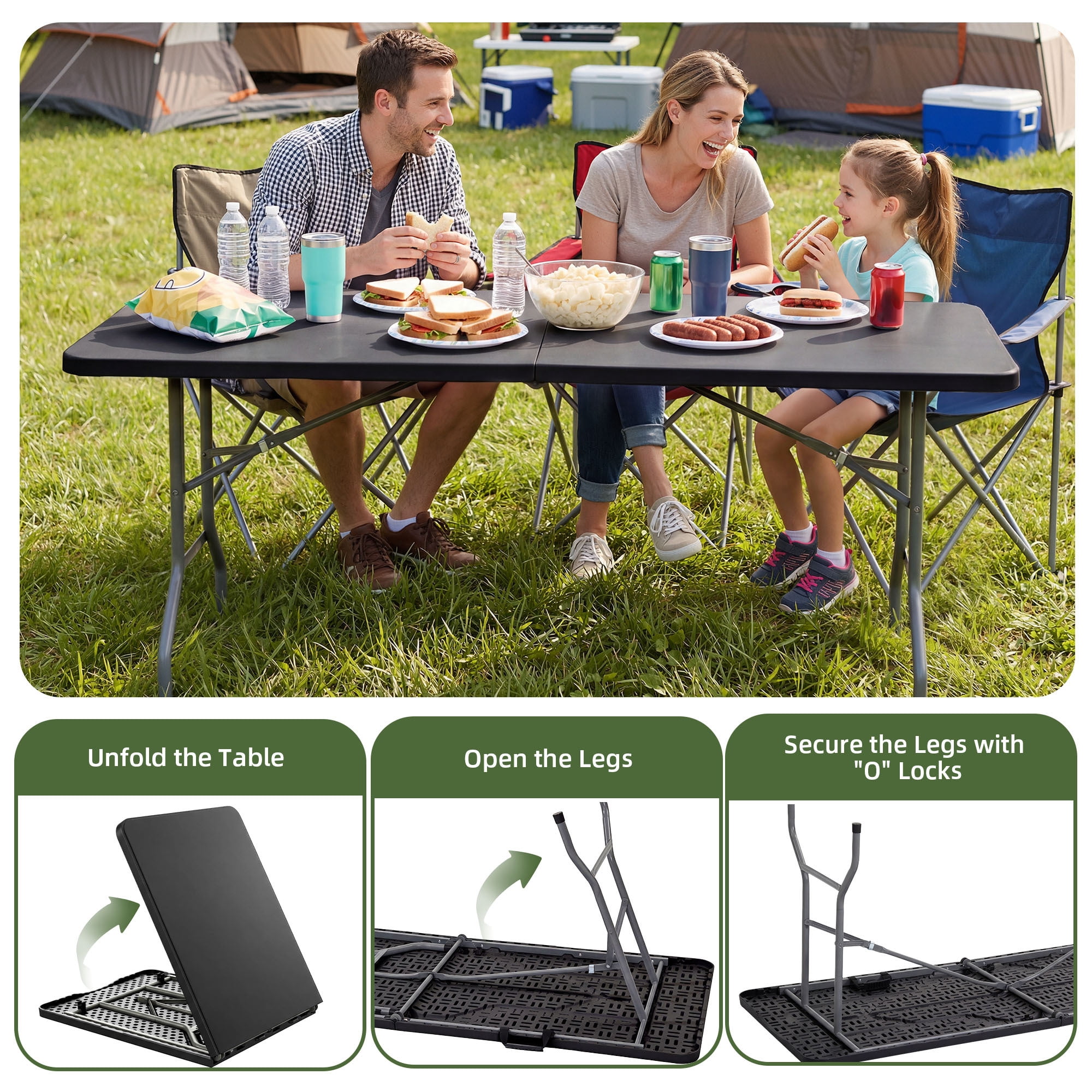 Uforic 6 Ft Folding Table, 1.38" Thick Sturdy Tabletop, Portable Foldable Design with Built-in Carry Handle, Perfect for Indoor Events, Camping, Picnics, Parties, Patio and Outdoor Gatherings, Black
