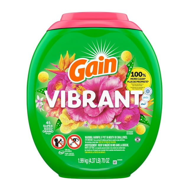 Gain Super Flings Laundry Detergent Pacs, Hibiscus Hula scent, irresistibly clean and fresh washing detergent laundry soap pacs, 45 Count