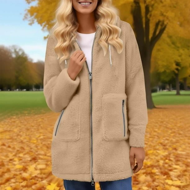HongQid Women's Fuzzy Fleece Jacket Full Zip Up Lightweight Warm Soft Fleece Coat with Hood for Spring Fall Winter