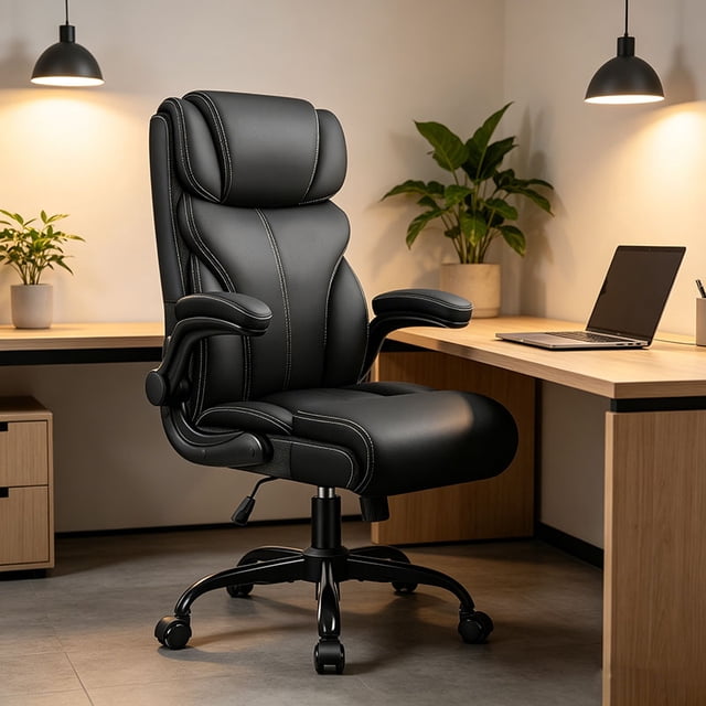 Silla de oficina, ergonómica, grande y alta, silla de computadora de computadora, silla ejecutiva de piel transpirable con respaldo alto ajustable y apoyabrazos abatibles, soporte lumbar