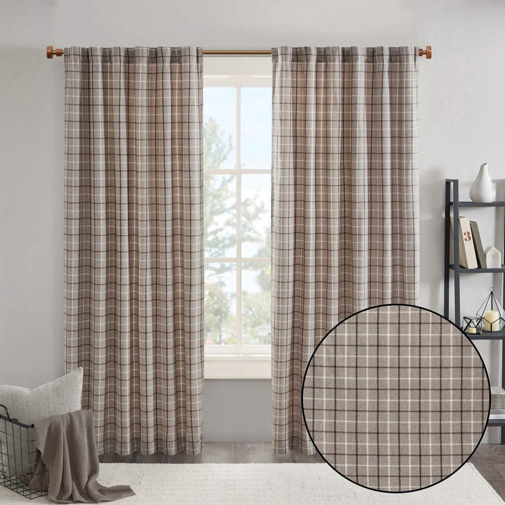 Plaid Rod Pocket and Back Tab Curtain Panel with Fleece Lining Brown 50"x84"