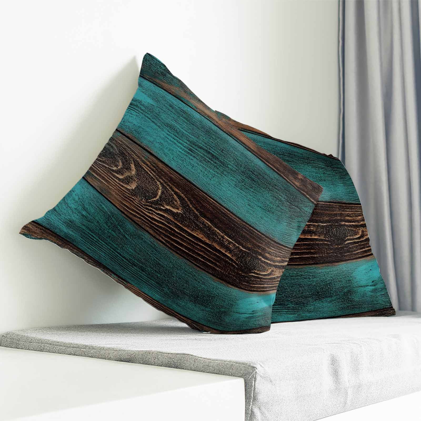 Throw Pillow Covers 26x26 Inch, Teal Brown Wood Decorative Pillow Cases for Couch Sofa Bed, Vintage Simple Chic Board Cotton Linen Square Home Decor Pillowcases with Hidden Zipper