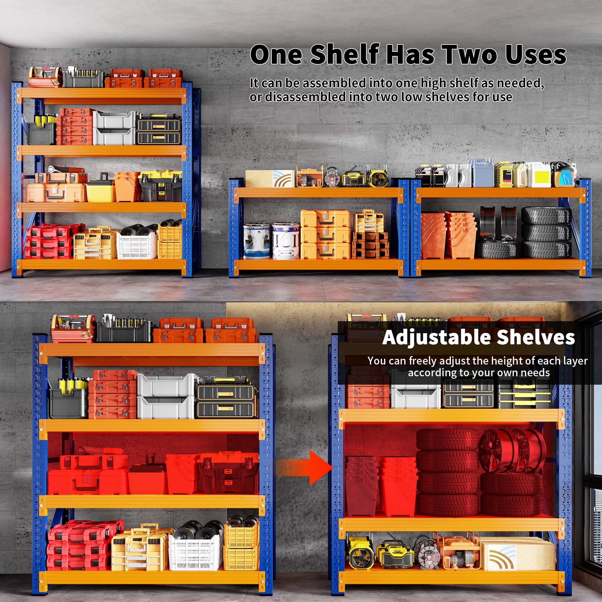 CXUZCZ 59" W Garage Shelving 3000LBS Garage Shelving Heavy Duty 4-Tier Metal Storage Shelves Adjustable Storage Rack for Basement Supermarket Warehouse 59.1" W x 23.7" D x 78.7" H Blue-Orange