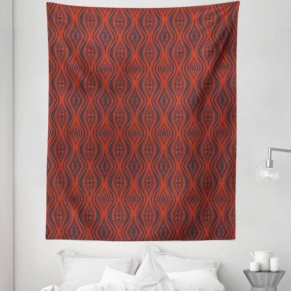 Spanish Tapestry, Tribal Ornaments Primitive Ethnic Design Orderly Repeated Pattern, Fabric Wall Hanging Decor for Bedroom Living Room Dorm, 5 Sizes, Rust and Dark Blue Grey, by Ambesonne
