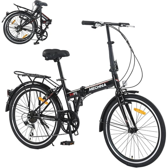 Ambifirner 24 Inch Folding Bike for Adults, Steel Frame Single Speed Commuter, Quick-Release Fold, Dual V-Brakes, Adjustable Leather Saddle, Full Fenders, Black