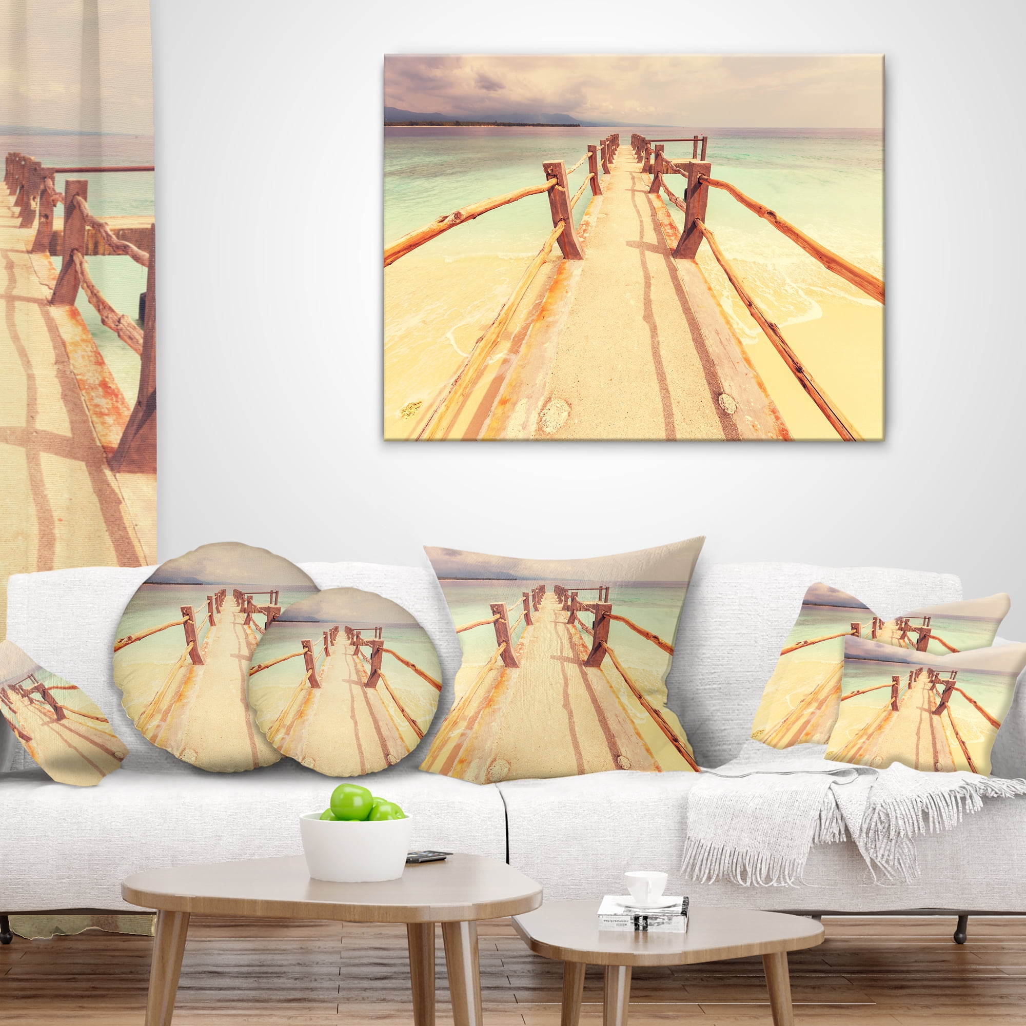 Designart Large Wooden Pier at Gili Island - Sea Bridge Throw Pillow - 18x18