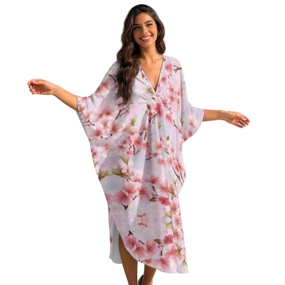 Xixirimido Pink Vibrant Cherry Blossom Print Womens Kaftan Dresses Long Caftans Plus Size Batwing Sleeve Swimsuit Coverup V Neck Summer Beach Dress