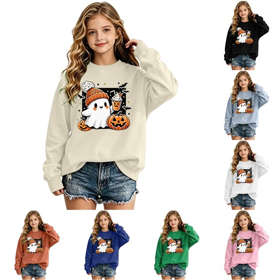 XAOFW Girls Halloween Sweatshirt Pumpkin Ghost Print Long Sleeve Crewneck Sweatshirts Autumn Winter Cozy Graphic Pullover For Toddler Kids Versatile Top 2-3 Years