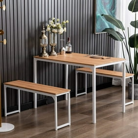 Bonzy Home Dining Room Table Set 3, 3 Piece Kitchen Table Set with Two Benches, Modern Wood Look Table Set, Off White