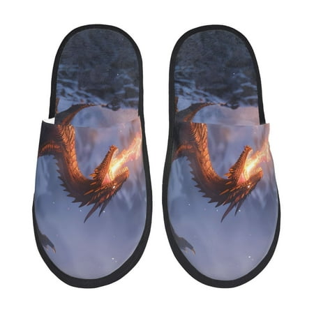 Balery Winter Fire Dragon Slient Indoor Furry Fleece Comfort House Shoes Soft Non-Slip Home Shoes Cotton slippers House Slippers-- Large