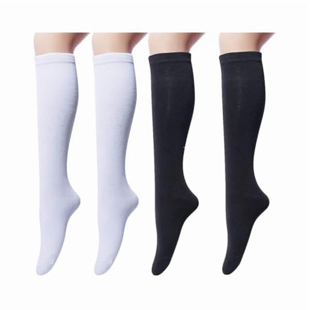 WAYAN Knee High Socks for Women, Cotton White Long Tube Sock Black Stockings Striped for Boot Outdoor Sport