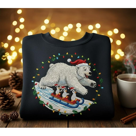 Cute Polar Bear and Penguins Embroidered Christmas Sweatshirt, Funny Holiday Sledding Pullover, Cozy Winter Gift for Men Women