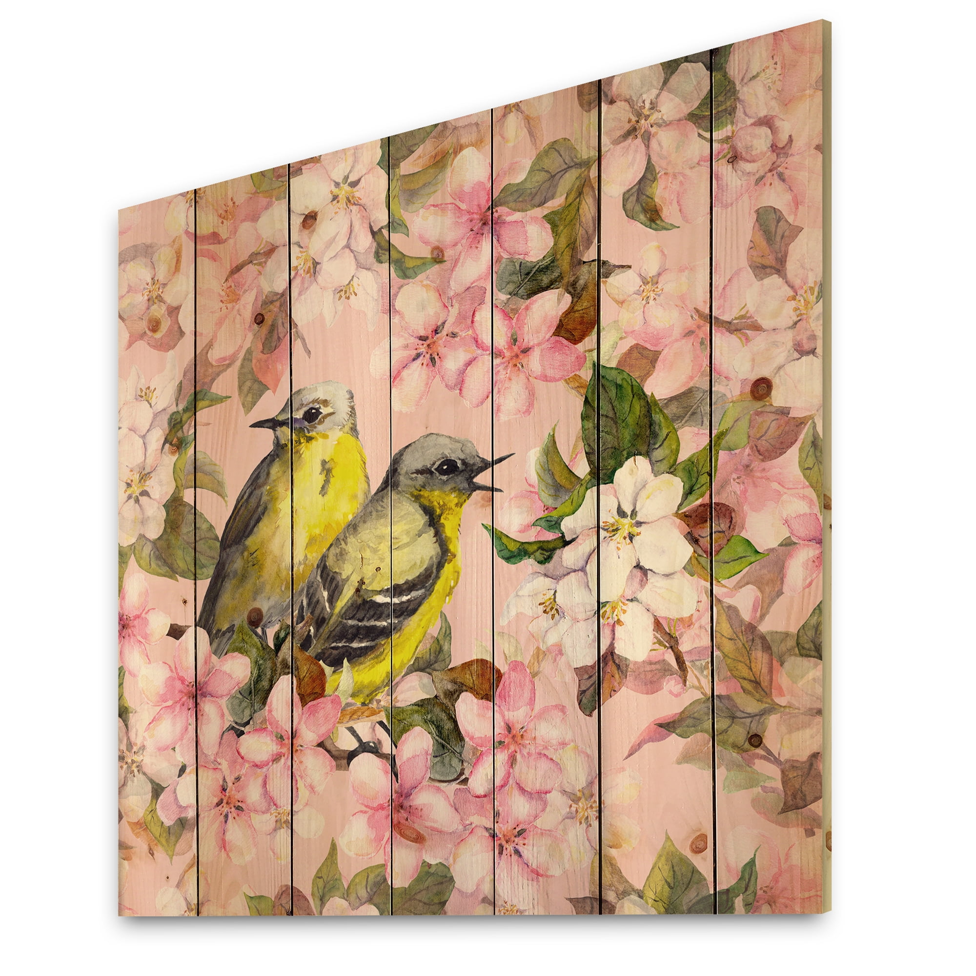 Designart 'Birds On Pink Cherry Sakura and Apple Flowers I' Traditional Print on Natural Pine Wood