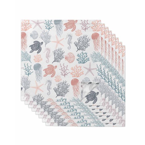 nqOlkjepod Red Grey Coastal Cloth Napkins Set of 8 Reusable Dinner Napkins, Nautical Summer Beach Coral Sea Turtle Cocktail Napkin Washable Table Napkins for Wedding/Party/Baby Shower 20"x20"
