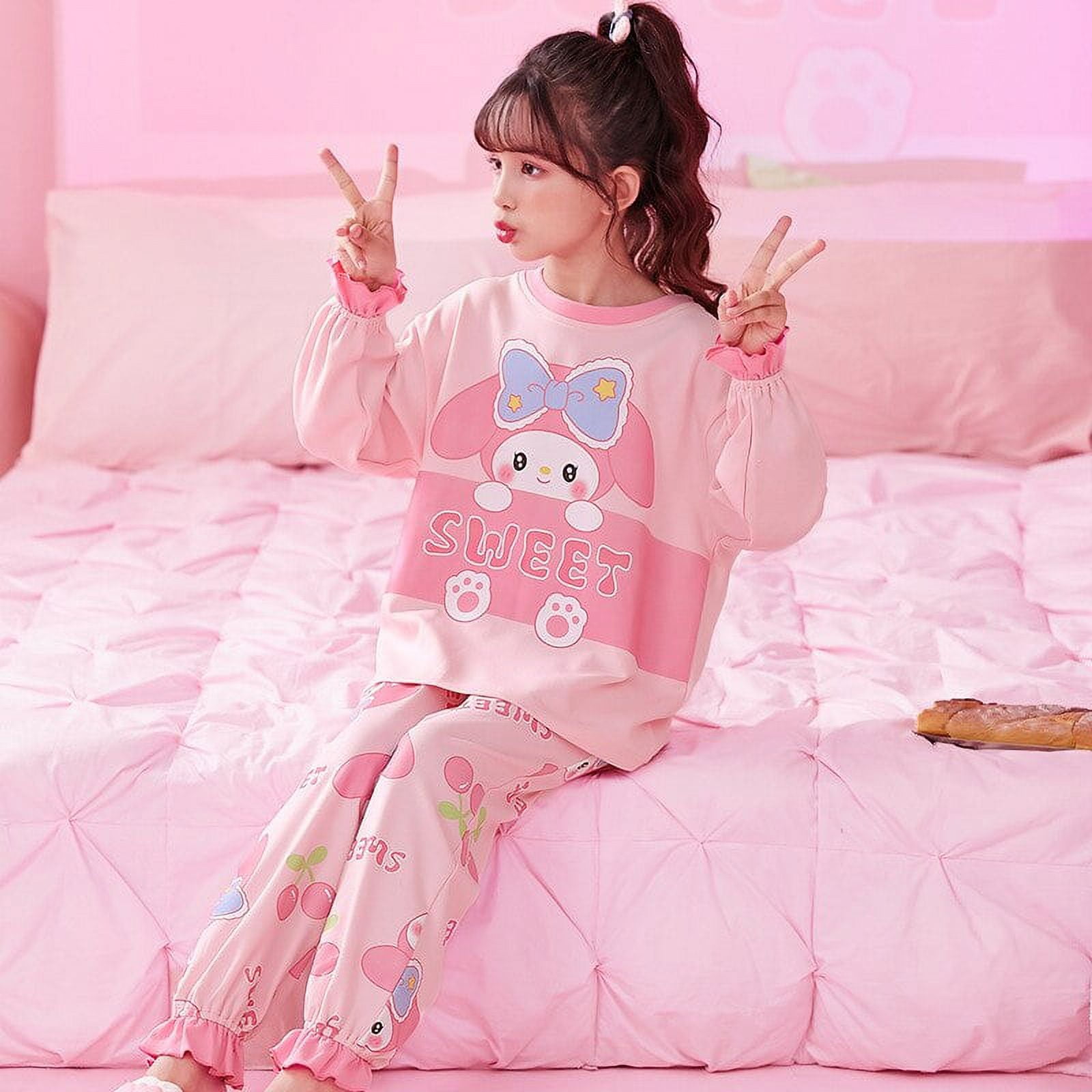 Kawaii Sanrio Hello Kitty Kuromi Cartoon Animation Children's Long Sleeve  Pajamas Cute Girly Heart My Melody Loungewear Set