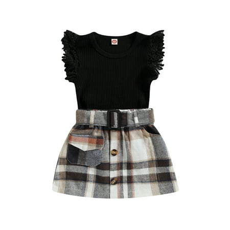 

Frobukio 2Pcs Toddler Baby Girls Summer Outfits Solid Color Flying Sleeve Ribbed Tops Plaid Skirt with Belt Clothes Black　9-12 Months