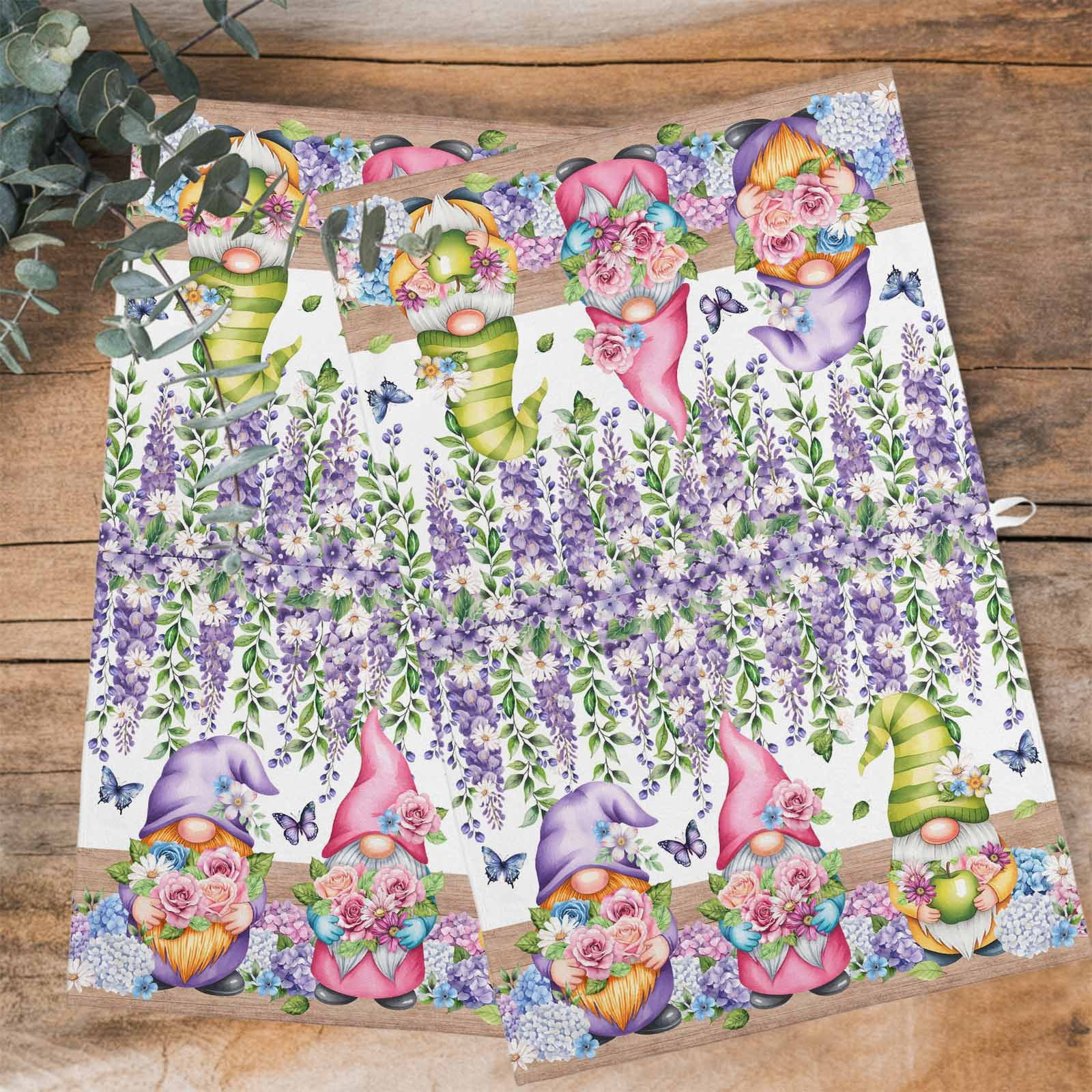 Blue Purple Gnomes Kitchen Towels Set of 3, Water Absorbent Dish Towel, Spring Country Hydrangea Flower Leaf Decorative Hand Towels - Quick Drying Cloth for Cooking Baking, 18x28 Inch