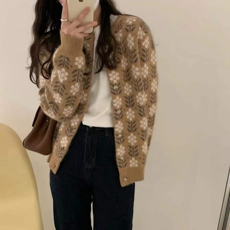 Jacquard Vintage Sweater Cardigan Women Loose Casual Autumn Winter Thick Sweater Women's Long Sleeve Top Large Size Sweater (khaki,XL)