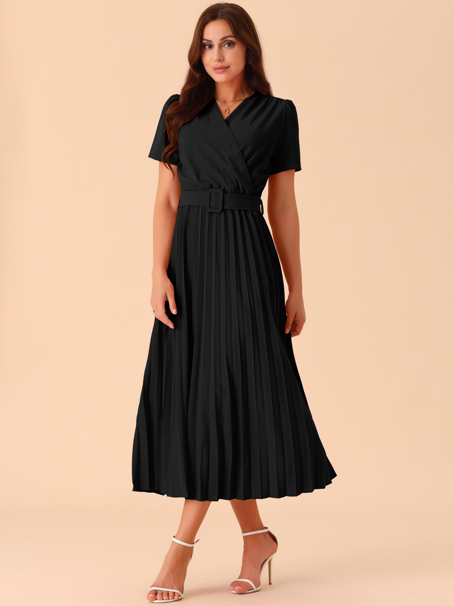 DARING DIVA Short Sleeve Wrap V Neck Flowy Pleated Midi Dress S Black