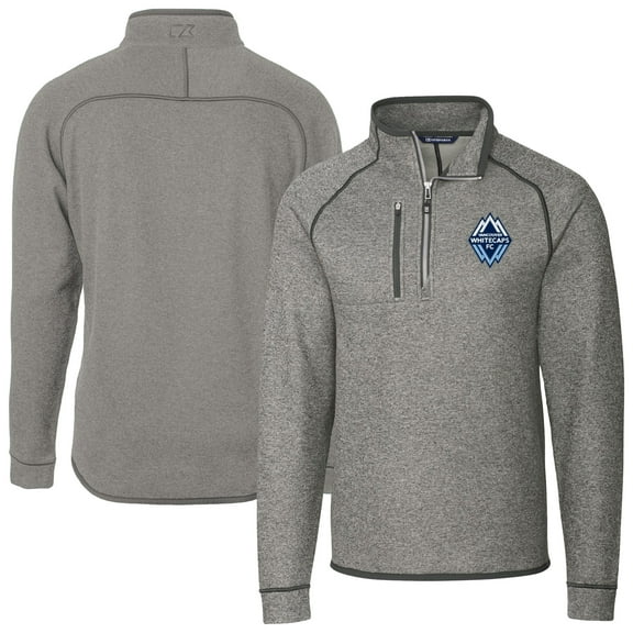 Men's-Cutter & Buck  Heather Gray Vancouver Whitecaps FC Mainsail Sweater-Knit Half-Zip Raglan Pullover Jacket
