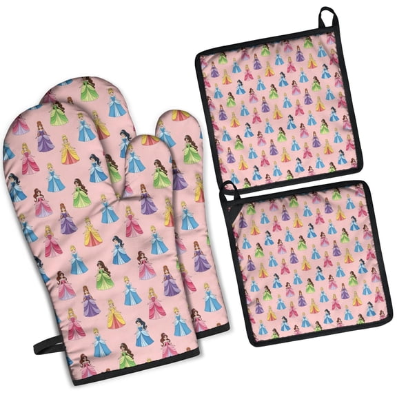 Colorful Princess Pattern Kitchen Oven Mitt and Pot Holder Sets 2 Pcs for Baking, Cooking and Grilling, Heat Resistant Up To 392 °F