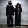thumbnail image 2 of Pantalones vaqueros holgados de cintura baja con estampado de calaveras y bolsillos estilo Harajuku de High Street, pantalones anchos negros lavados con estilo hip hop Y2K para patinetas, 2 of 4