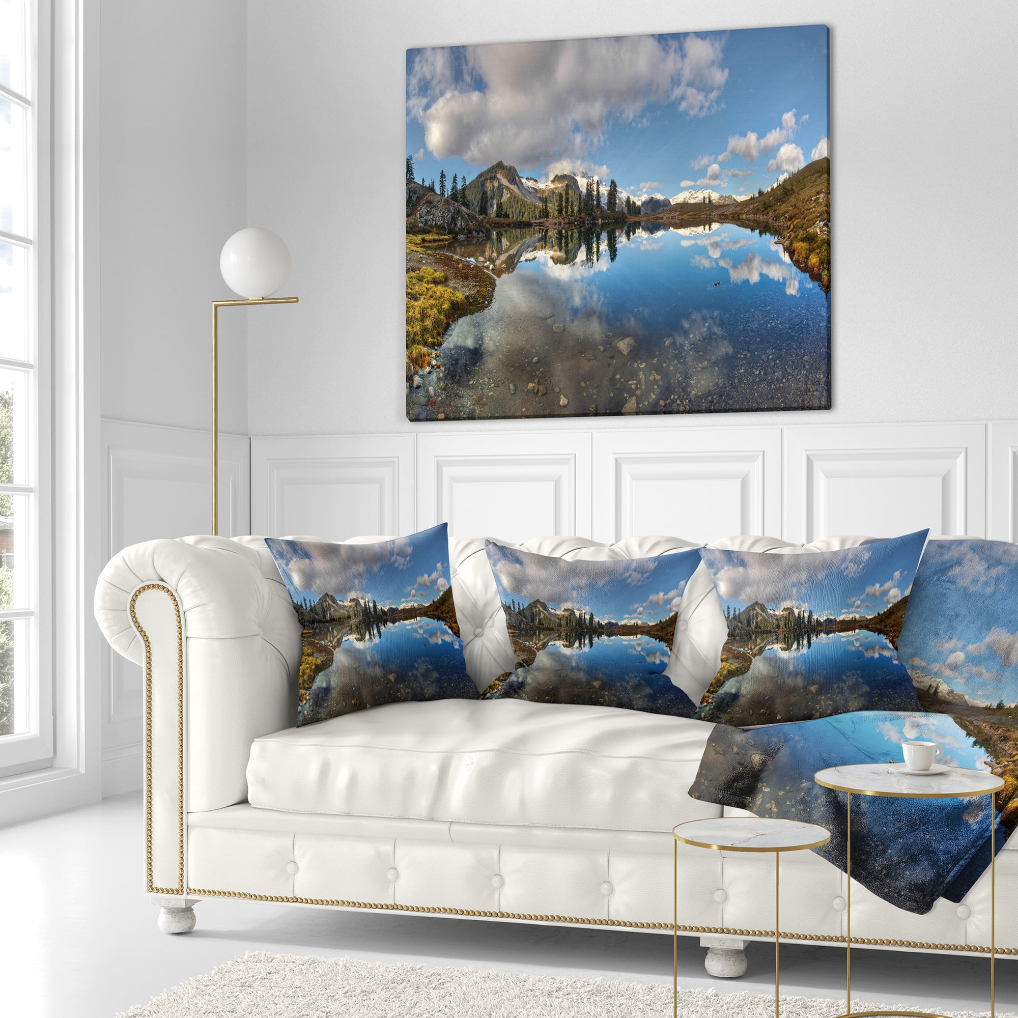 Designart Clear Lake with Pine Trees Panorama - Landscape Printed Throw Pillow - 18x18