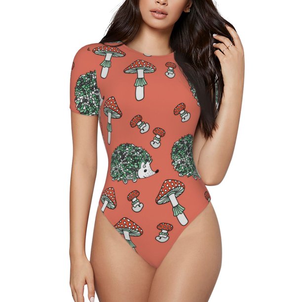 Fotbe Hedgehog Mushroom Body de Mujer con Cuello Redondo y Mangas Cortas, Sin Mangas Ajustado, Suave, Cómodo y Básico-XX-Large