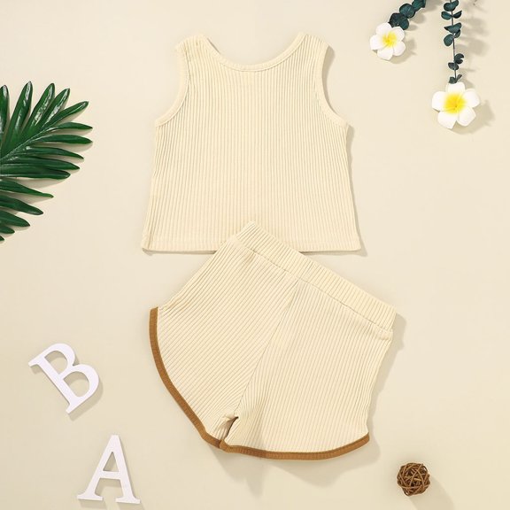 Vedolay Girl Shorts Sets Outfits Girl's 2 Piece Outfits Graphic Print Strap Cami Top and Plaid Shorts,Beige 6-12 Months