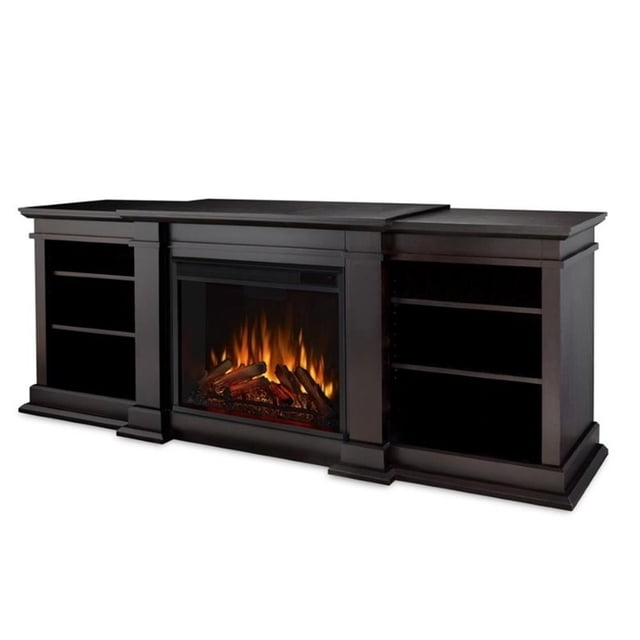 Real Flame Canada Fresno Meuble Télé avec Foyer Électrique en Bois Massif, Noyer Foncé